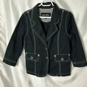 COTTON GINNY  Y2K cropped cotton black blazer,fitted , round snaps ,white trim